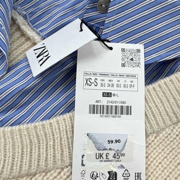 Zara Knit Womens Sweater Shirt Contrast Beige Blue Striped Oversized XS-S NEW - Picture 4 of 14